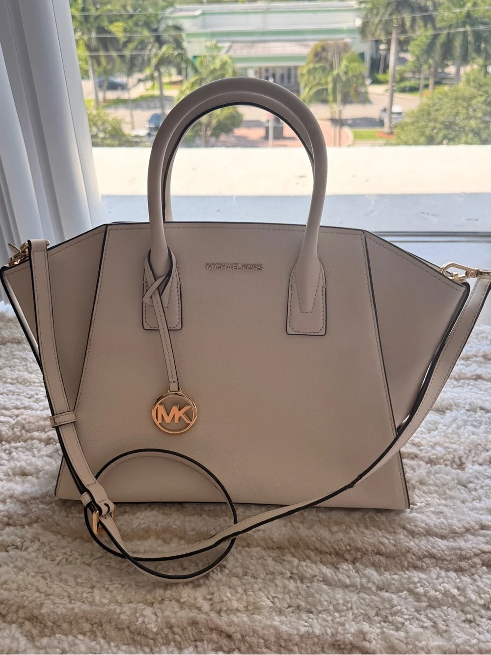 Michael Kors Beige Leather Satchel with Gold MK Charm
